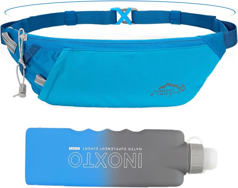 INOXTO Slim Running Belt Fanny Pack for Women and Men Sports Waist Bag Pack with 300ml Water Bottle for Running Walking Cycling Hiking Reflective Running Pouch Belt for All Phones (Black) (Blue) - Image 1